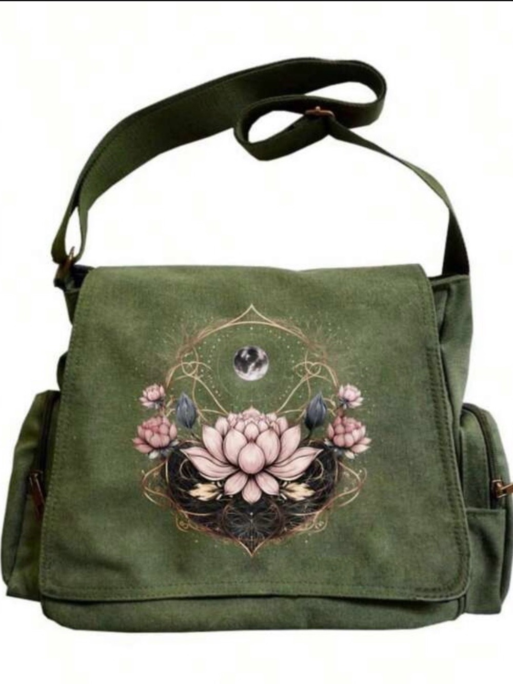 Large Capacity Messenger Green Canvas Bag w/Lotus Flower Print Adjustable Strap